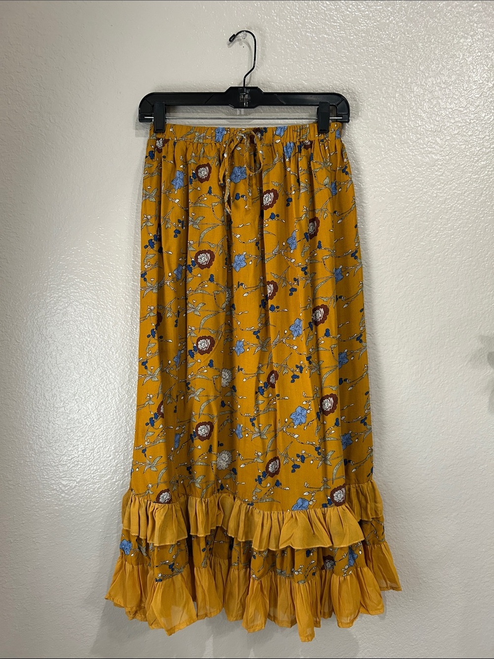 Papillon Blanc Mustard Floral Maxi Skirt  Ruffle Hem Sz M Cottage Core Boho